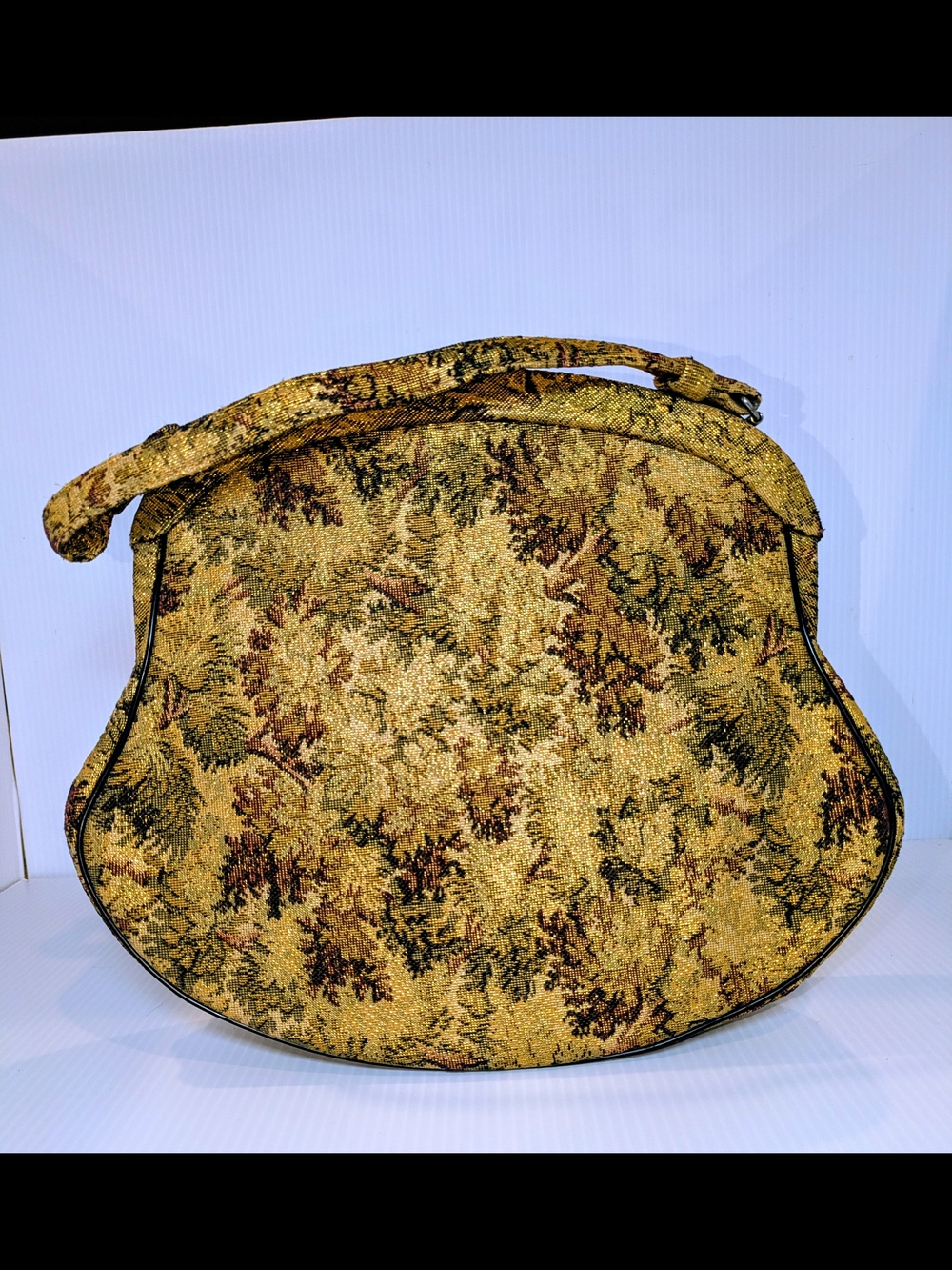 Vintage Lewis Floral Tapestry Kiss Lock Handbag Purse Gold Brown Top Handle